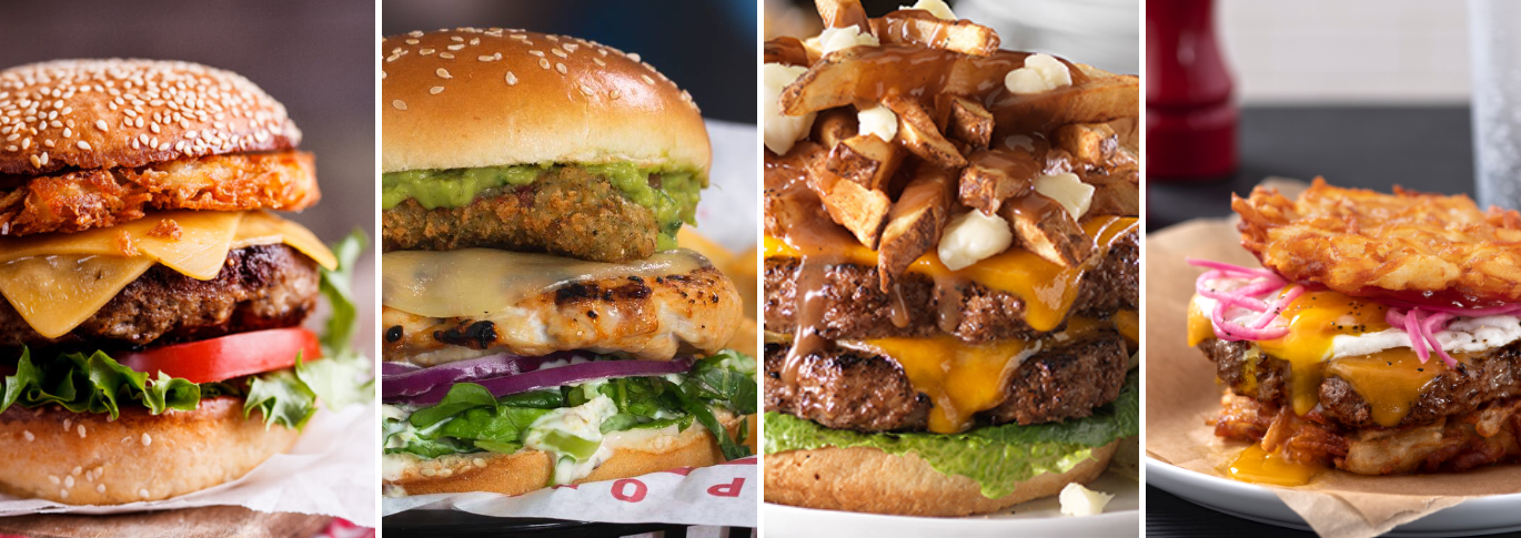 Hero image of burgers with fried toppings