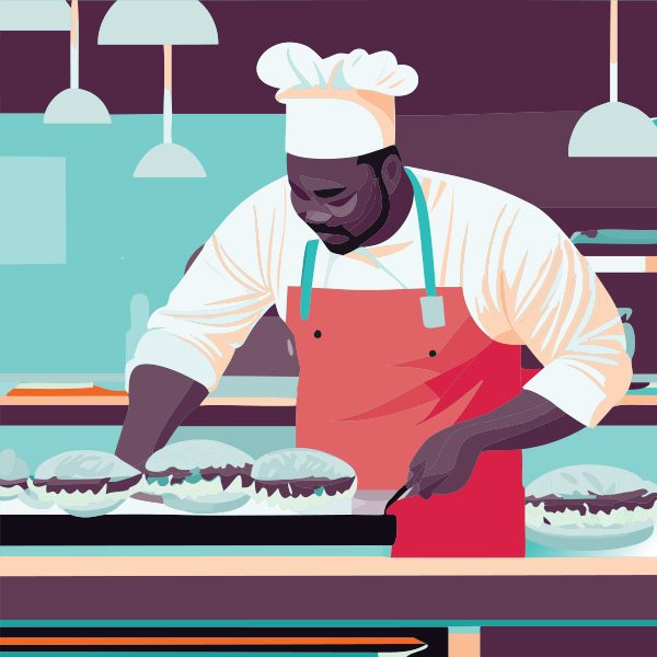 Cartoon graphic of a chef preparing burgers