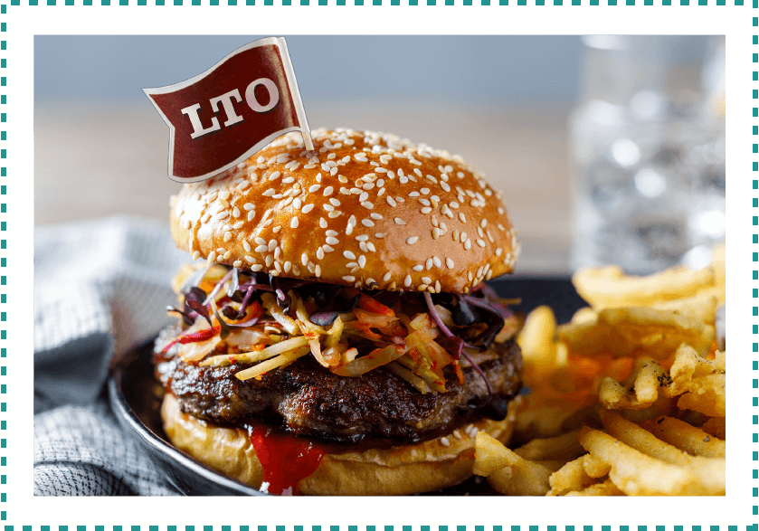 Burger and fries on a plate with an LTO flag